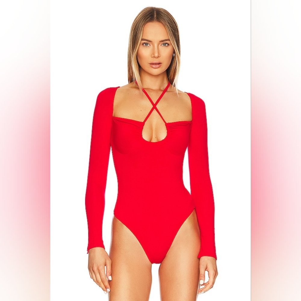 REVOLVE Red Long Sleeve Crisscross Neck Bodysuit